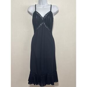 VTG 60s Vanity Fair Slip Dress 34T Navy Blue Pleated Ruffle Old Hollywood Glam